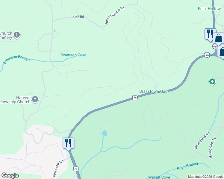 map of restaurants, bars, coffee shops, grocery stores, and more near 117 Harris Ridge Court in Young Harris