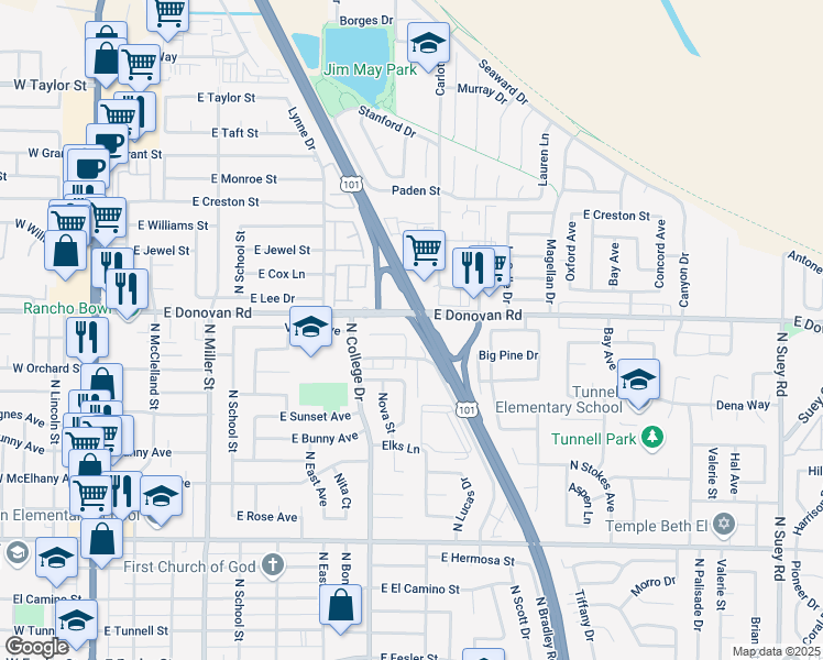 map of restaurants, bars, coffee shops, grocery stores, and more near 863 Harper Court in Santa Maria