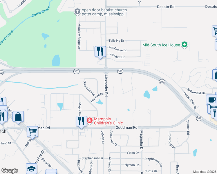 map of restaurants, bars, coffee shops, grocery stores, and more near 10200 Fox Run Drive in Olive Branch