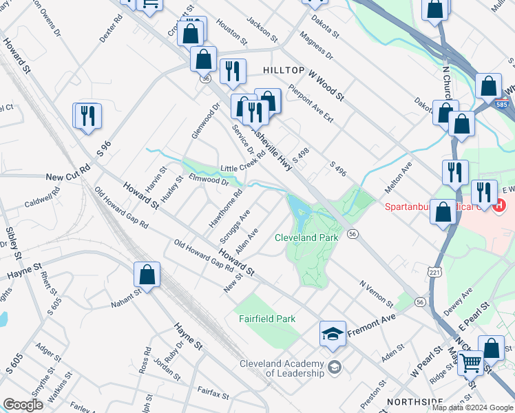 map of restaurants, bars, coffee shops, grocery stores, and more near 134 South 593 in Spartanburg