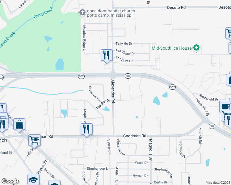 map of restaurants, bars, coffee shops, grocery stores, and more near 10200 Fox Run Drive in Olive Branch