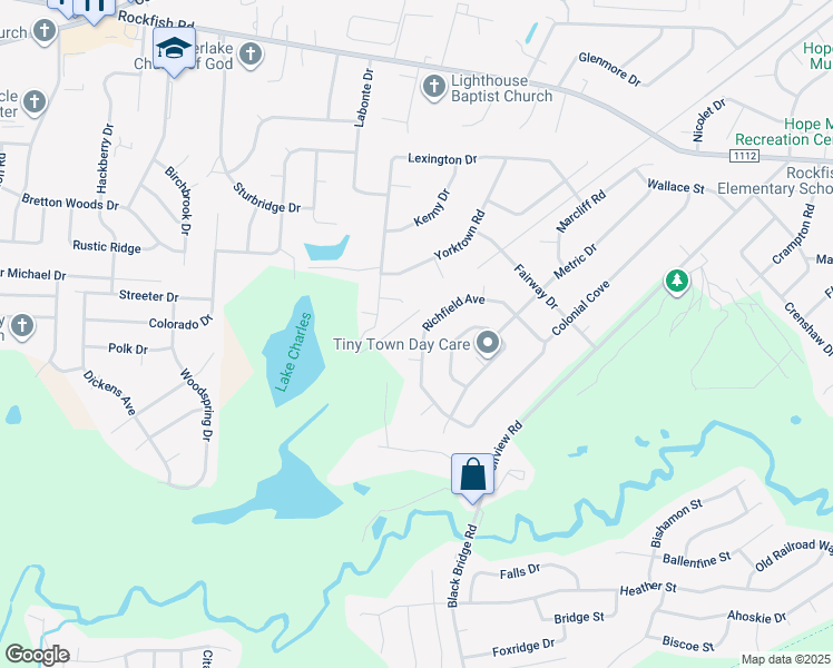 map of restaurants, bars, coffee shops, grocery stores, and more near 5952 Richfield Avenue in Hope Mills