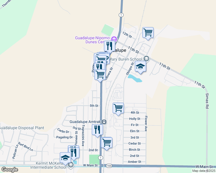 map of restaurants, bars, coffee shops, grocery stores, and more near 738 Olivera Street in Guadalupe