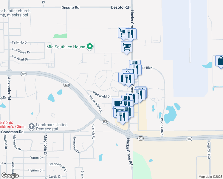 map of restaurants, bars, coffee shops, grocery stores, and more near 10860 Ridgefield Drive in Olive Branch