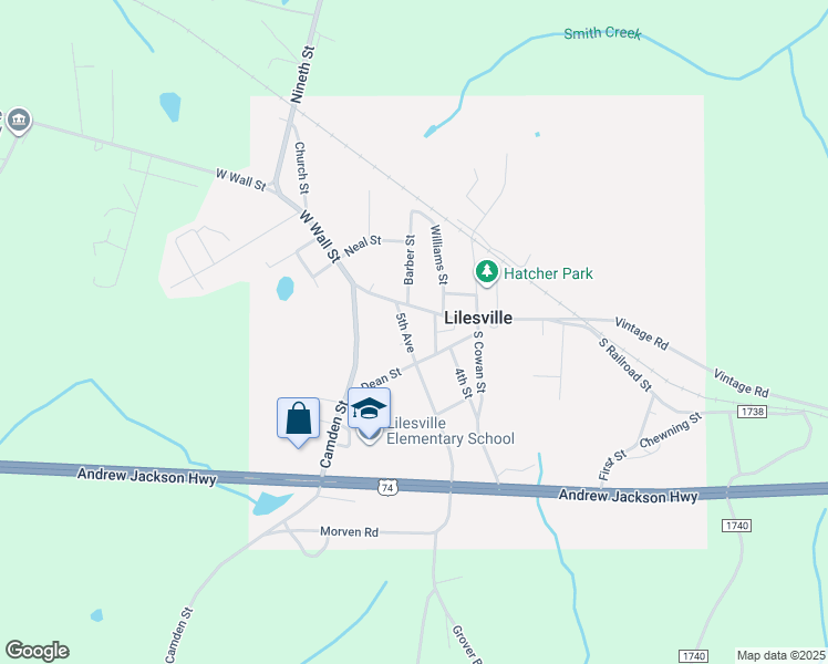 map of restaurants, bars, coffee shops, grocery stores, and more near 114 5th Street in Lilesville