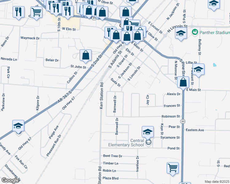 map of restaurants, bars, coffee shops, grocery stores, and more near 1 Barnwell Drive in Cabot