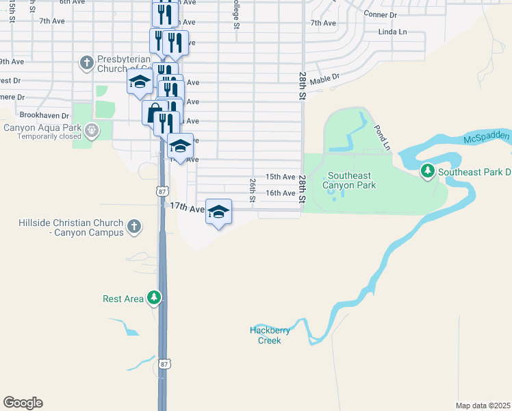 map of restaurants, bars, coffee shops, grocery stores, and more near 2605 16th Avenue in Canyon