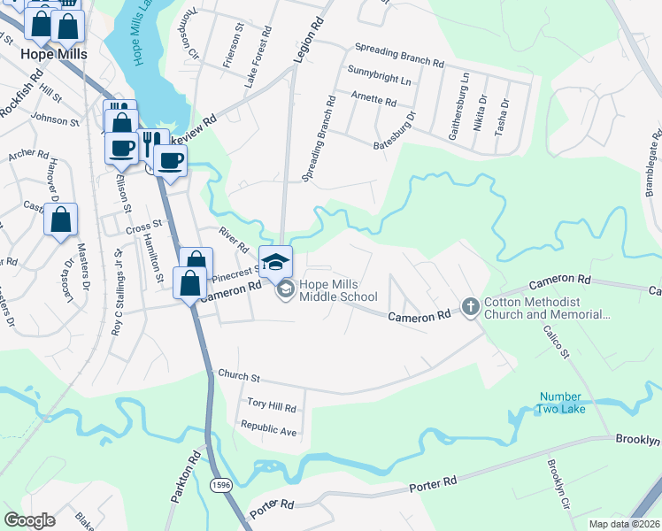 map of restaurants, bars, coffee shops, grocery stores, and more near 4029 Professional Drive in Hope Mills