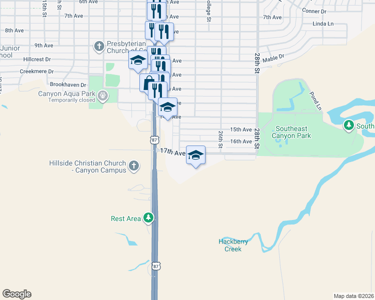 map of restaurants, bars, coffee shops, grocery stores, and more near 2411 16th Avenue in Canyon