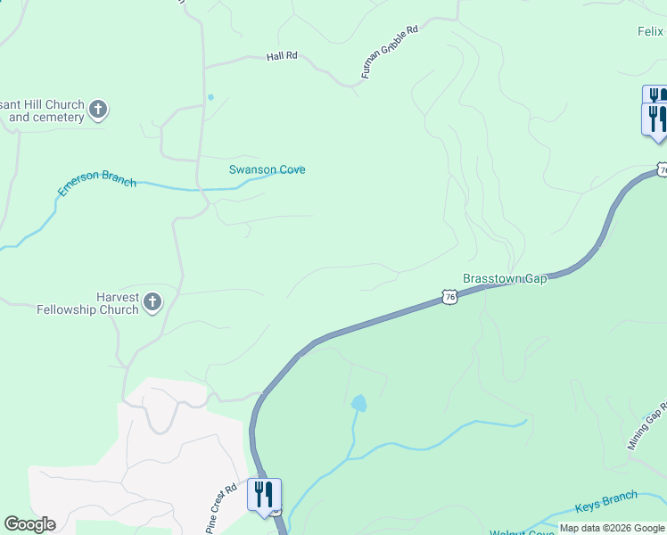 map of restaurants, bars, coffee shops, grocery stores, and more near Harris Ridge Road in Young Harris