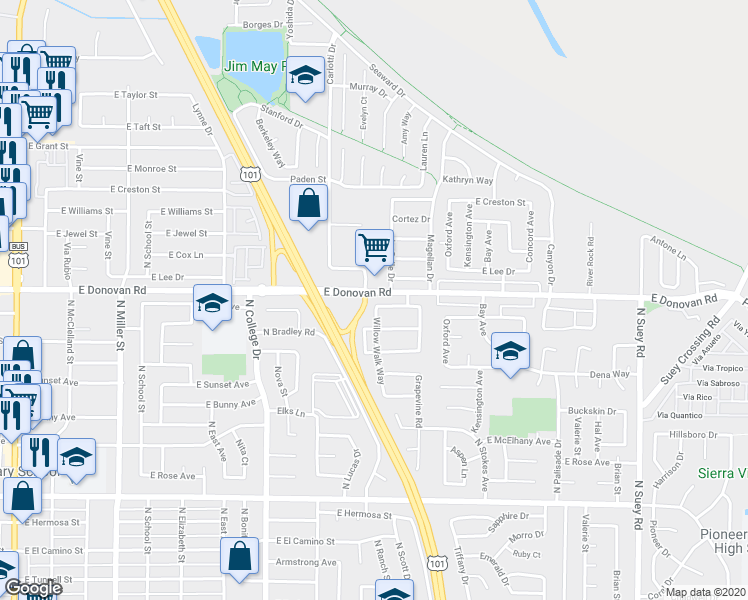 map of restaurants, bars, coffee shops, grocery stores, and more near 1603 La Salle Drive in Santa Maria