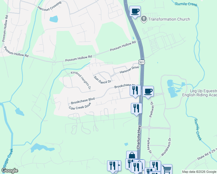 map of restaurants, bars, coffee shops, grocery stores, and more near 8015 Long House Lane in Indian Land