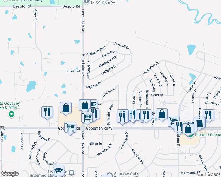 map of restaurants, bars, coffee shops, grocery stores, and more near 3782 Conrail Circle in Horn Lake