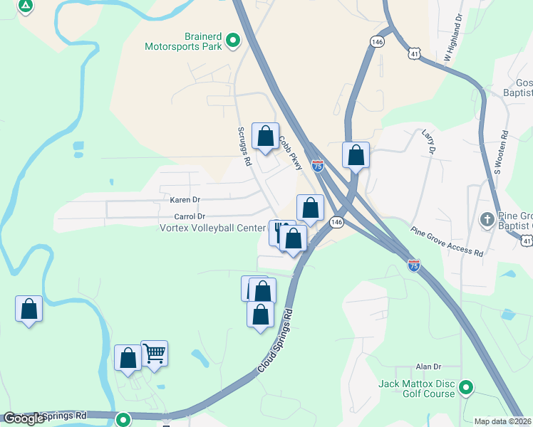 map of restaurants, bars, coffee shops, grocery stores, and more near 20 Scruggs Road in Ringgold
