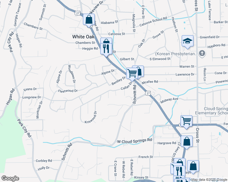 map of restaurants, bars, coffee shops, grocery stores, and more near 145 Callan Drive in Rossville