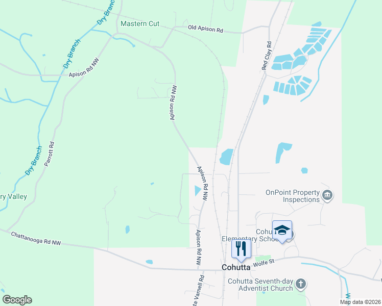 map of restaurants, bars, coffee shops, grocery stores, and more near Apison Road in Cohutta