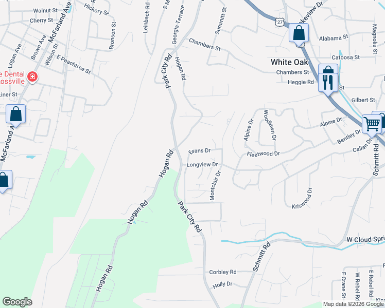 map of restaurants, bars, coffee shops, grocery stores, and more near 426 Evans Drive in Rossville