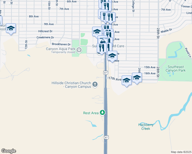 map of restaurants, bars, coffee shops, grocery stores, and more near 1413 23rd Street in Canyon