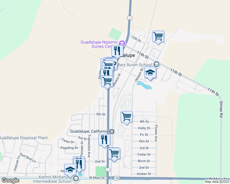 map of restaurants, bars, coffee shops, grocery stores, and more near 754 Olivera Street in Guadalupe