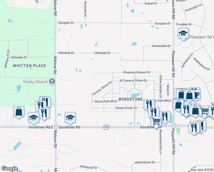map of restaurants, bars, coffee shops, grocery stores, and more near 4553 Terrace Stone Drive in Olive Branch
