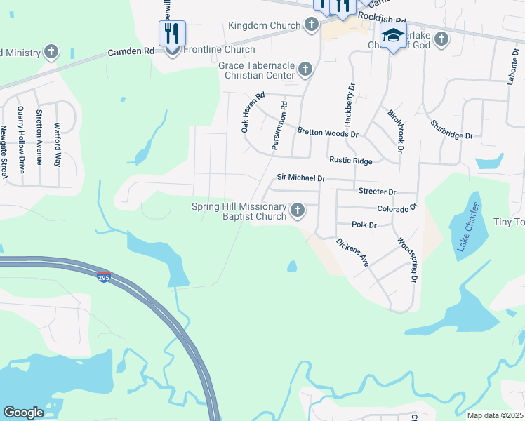 map of restaurants, bars, coffee shops, grocery stores, and more near 2229 Sir Michael Drive in Hope Mills