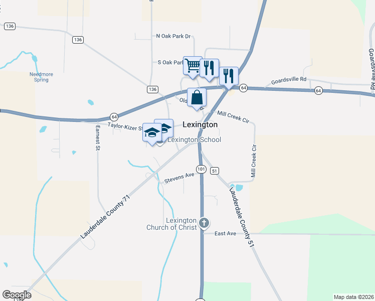 map of restaurants, bars, coffee shops, grocery stores, and more near 11075 Alabama 101 in Lexington