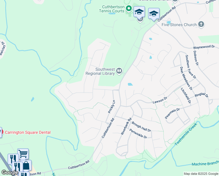 map of restaurants, bars, coffee shops, grocery stores, and more near 1104 Five Forks Road in Waxhaw