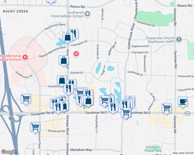 map of restaurants, bars, coffee shops, grocery stores, and more near 7349 Hugh Lane in Southaven