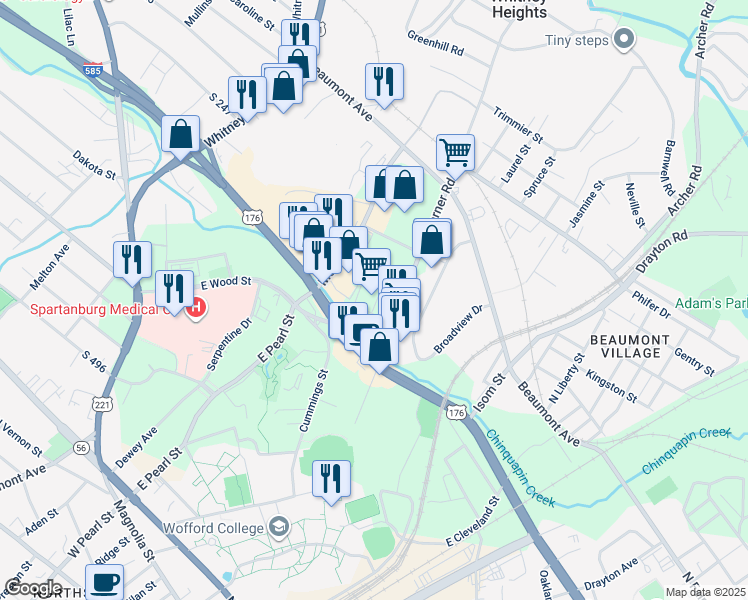 map of restaurants, bars, coffee shops, grocery stores, and more near 95 Garner Road in Spartanburg