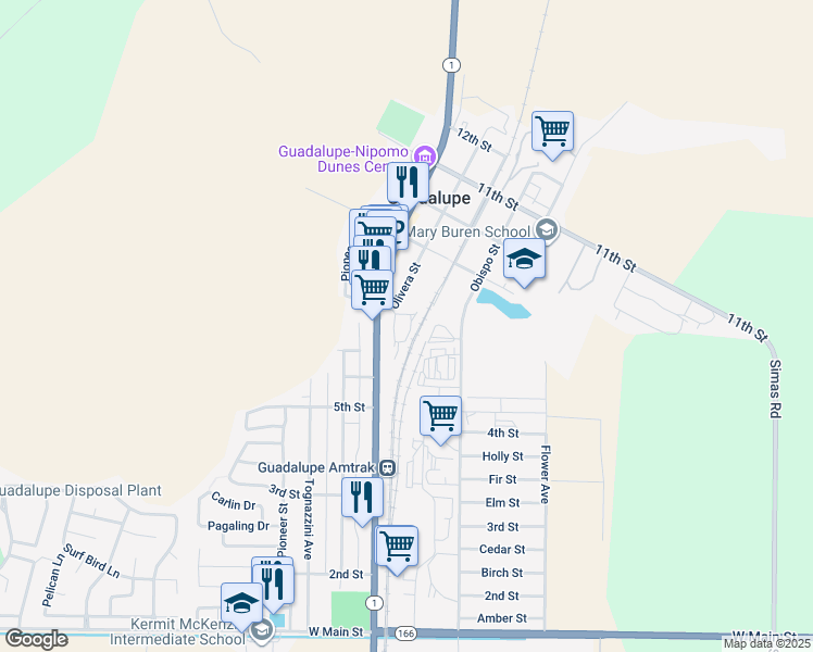 map of restaurants, bars, coffee shops, grocery stores, and more near 754 Olivera Street in Guadalupe