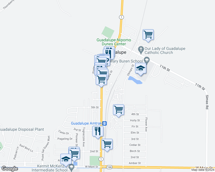 map of restaurants, bars, coffee shops, grocery stores, and more near 754 Olivera Street in Guadalupe