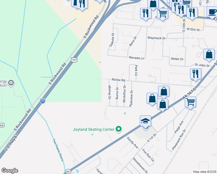 map of restaurants, bars, coffee shops, grocery stores, and more near 12 Murray Drive in Cabot