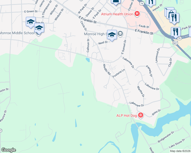 map of restaurants, bars, coffee shops, grocery stores, and more near 1113 Keswick Place in Monroe