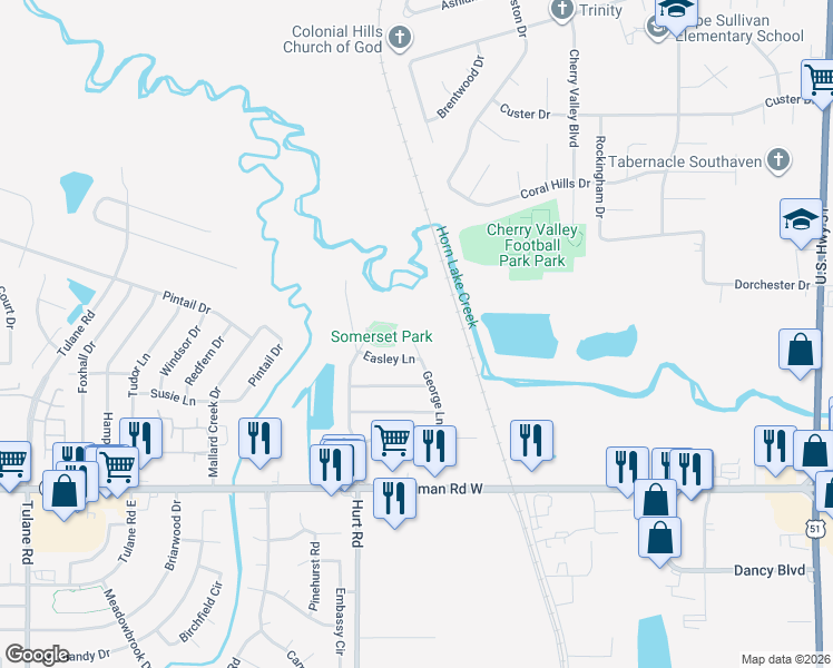 map of restaurants, bars, coffee shops, grocery stores, and more near 7340 George Lane in Horn Lake