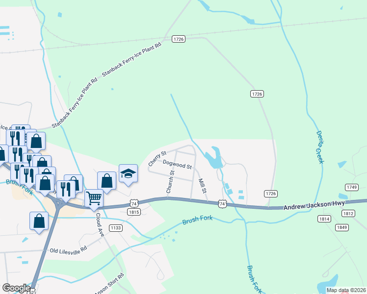 map of restaurants, bars, coffee shops, grocery stores, and more near 312 Cherry Street in Wadesboro