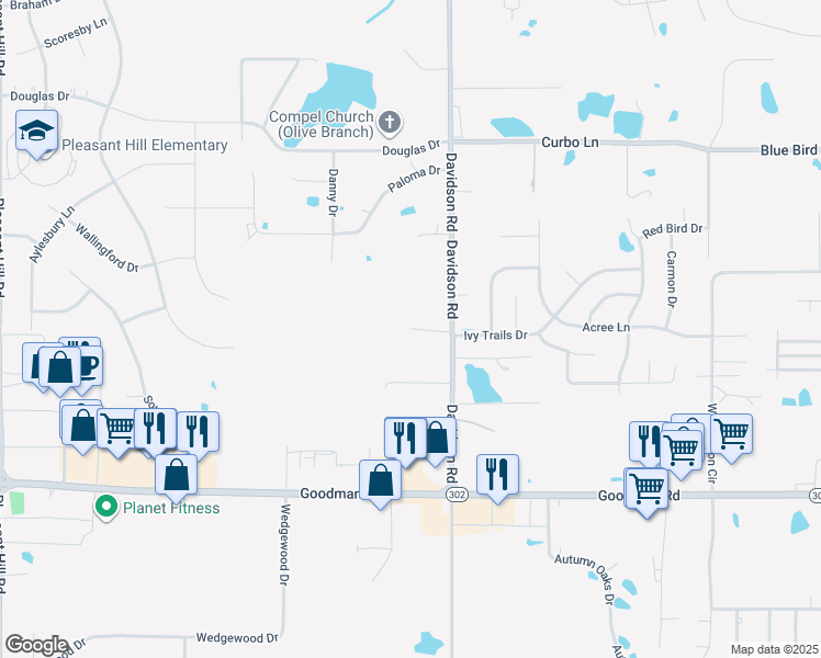map of restaurants, bars, coffee shops, grocery stores, and more near 5475 Branch View Drive in Olive Branch