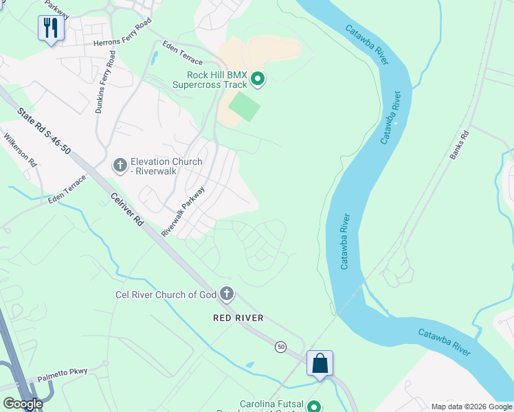 map of restaurants, bars, coffee shops, grocery stores, and more near 801 Camp Overlook Court in Rock Hill