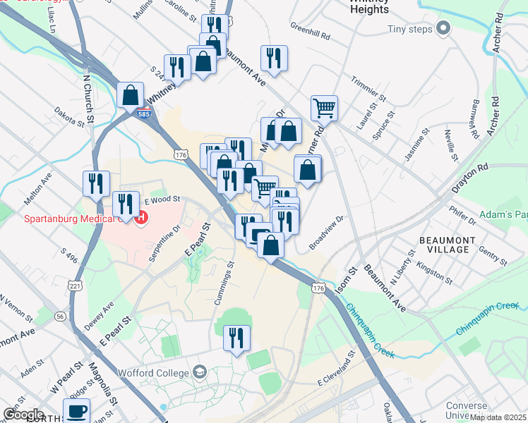 map of restaurants, bars, coffee shops, grocery stores, and more near 95 Garner Road in Spartanburg