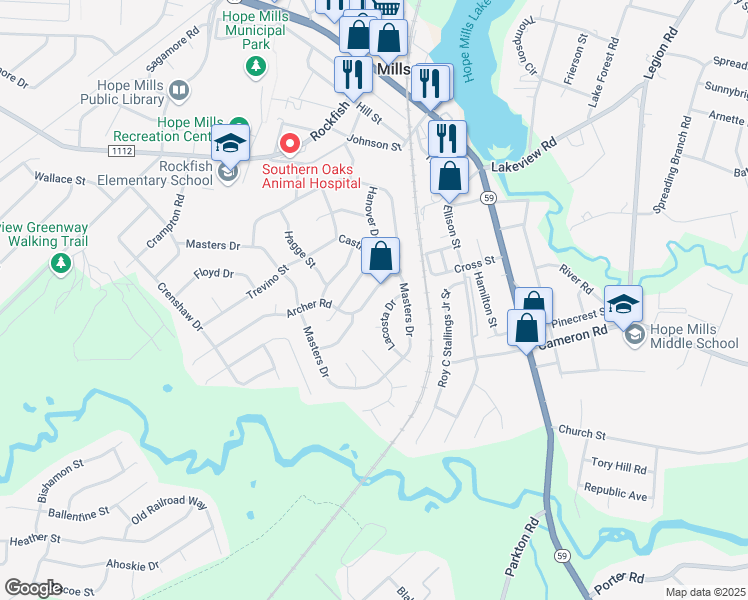 map of restaurants, bars, coffee shops, grocery stores, and more near 5428 Archer Road in Hope Mills