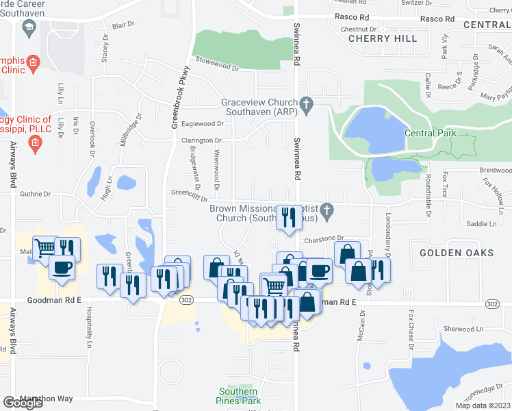 map of restaurants, bars, coffee shops, grocery stores, and more near 861 Greencliff Drive in Southaven