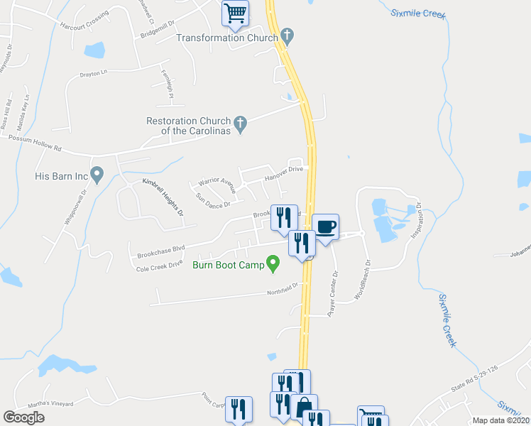 map of restaurants, bars, coffee shops, grocery stores, and more near 4005 Brookchase Boulevard in Fort Mill