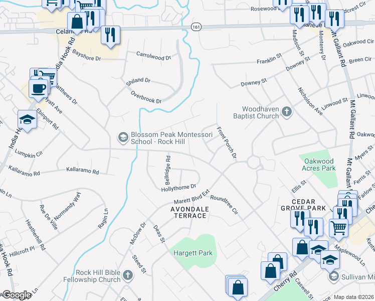 map of restaurants, bars, coffee shops, grocery stores, and more near 1827 Shorewood Drive in Rock Hill