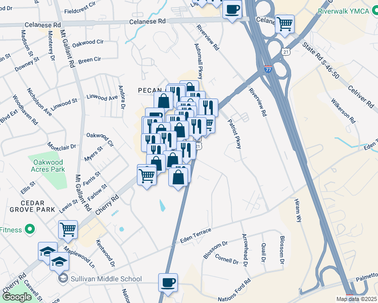 map of restaurants, bars, coffee shops, grocery stores, and more near 2374 Cherry Road in Rock Hill