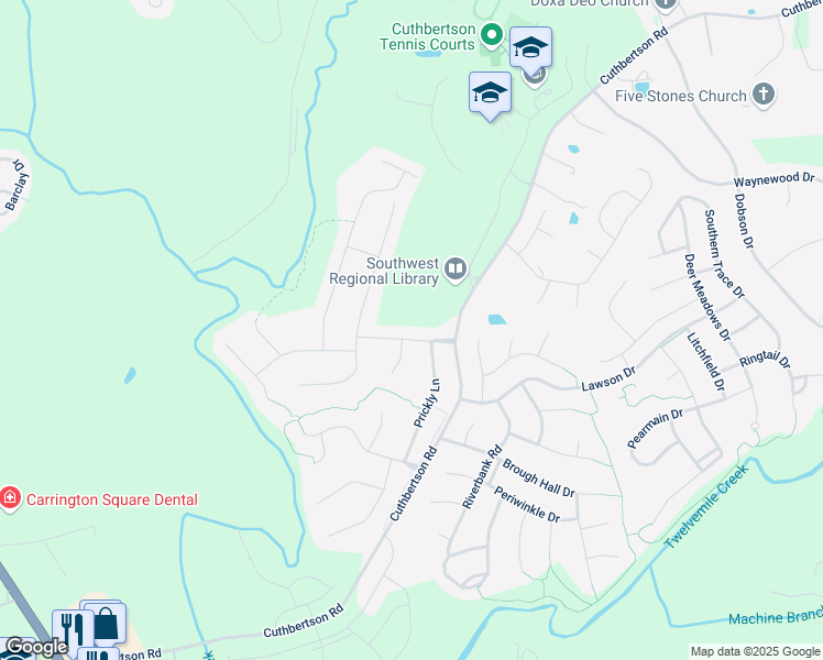 map of restaurants, bars, coffee shops, grocery stores, and more near 1104 Five Forks Road in Waxhaw