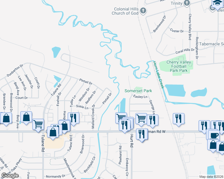 map of restaurants, bars, coffee shops, grocery stores, and more near 7400 Pintail Drive in Horn Lake