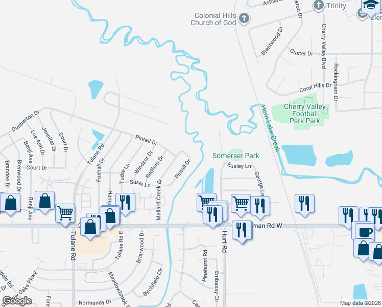 map of restaurants, bars, coffee shops, grocery stores, and more near 7420 Pintail Drive in Horn Lake