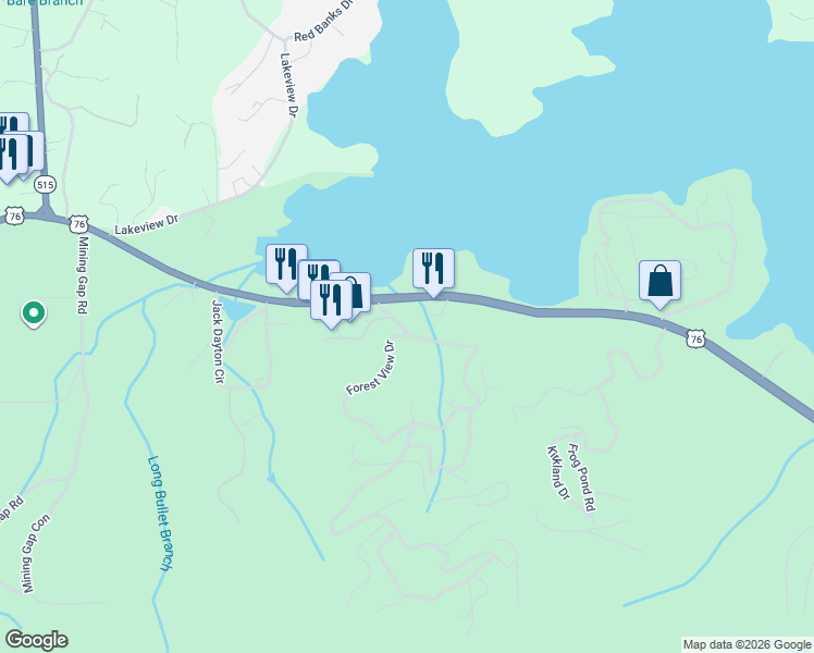 map of restaurants, bars, coffee shops, grocery stores, and more near 2932 Times Past in Hiawassee