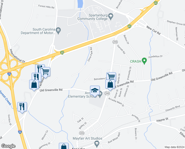 map of restaurants, bars, coffee shops, grocery stores, and more near 135 Belvedere Drive in Spartanburg