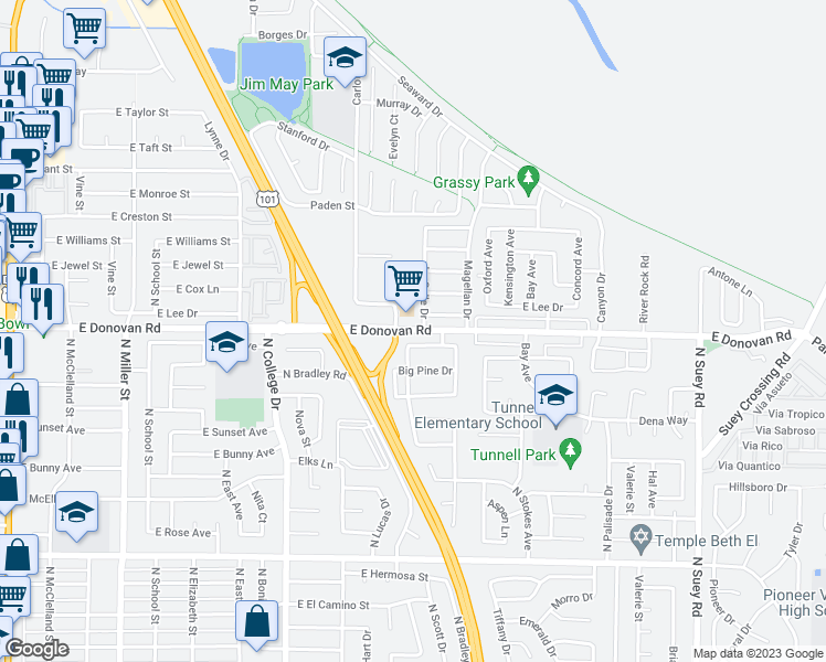 map of restaurants, bars, coffee shops, grocery stores, and more near 1000 East Donovan Road in Santa Maria