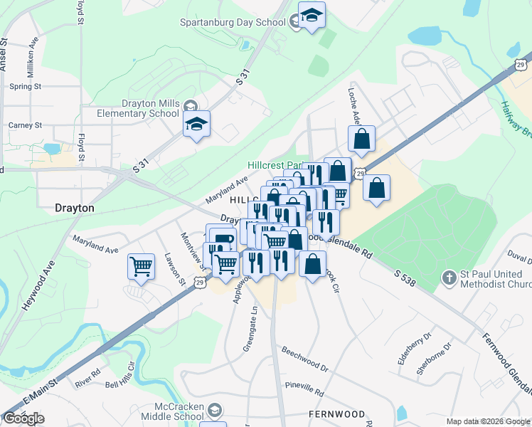 map of restaurants, bars, coffee shops, grocery stores, and more near 1595 Old Charlotte Road in Spartanburg